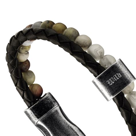 Bracelet Homme Rochet Karma Wild Acier Cuir Tressé Marron 5mm et Perles