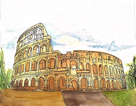 Rome Italu Colosseum Drawing Tourist Attraction Watercolour Painting