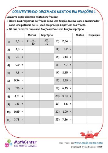 Convertendo Decimais Mistos Em Frações 1 Planilhas Math Center