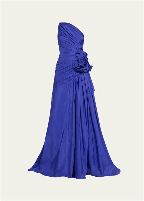 Pamella Roland Pleated One Shoulder Taffeta Gown With Floral Detail