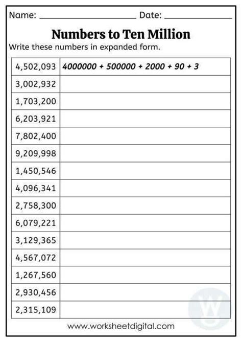 Numbers To 10 Million Worksheet Digital