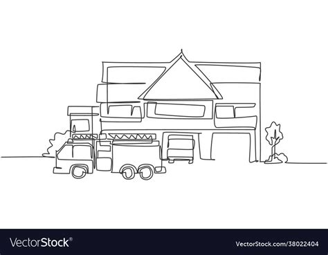 Continuous One Line Drawing Fire Station Vector Image