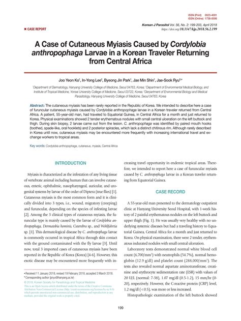 (PDF) A Case of Cutaneous Myiasis Caused by Cordylobia anthropophaga Larvae in a Korean Traveler ...