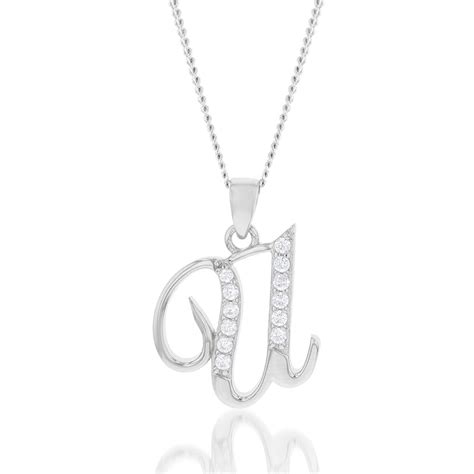 Sterling Silver Rhodium Plated Cubic Zirconia Script U Initial Pend