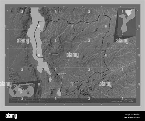 Nassa Province Of Mozambique Grayscale Elevation Map With Lakes And