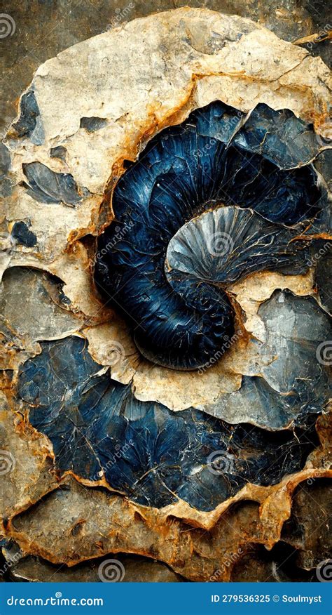 Fossilized Ammonite Sea Shell Spirals Embedded Into Dark Cobalt Blue