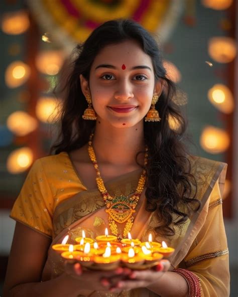 Cheerful Indian Woman Holding Diwali Lamps Premium Ai Generated Image