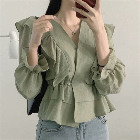 Chic Elegant Ruffles Lantern Long Sleeve Chiffon Shirt V Neck Blusas