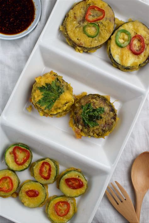 Korean Fried Vegetable Fritters Courgette Aubergine And Mushroom