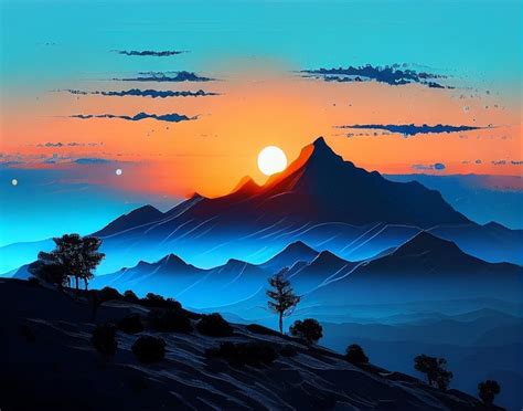 Premium Ai Image A Painting Of A Mountain Range With The Sun Setting