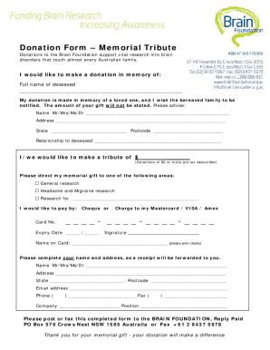 Fillable Online Donation Form Memorial Tribute Brain Foundation Fax