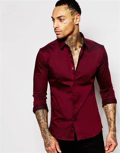 Asos Skinny Shirt In Two Tone Burgundy With Long Sleeves At