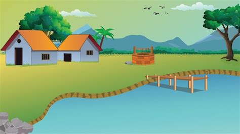 Premium Vector Village Cartoon Background Illustration With Cow