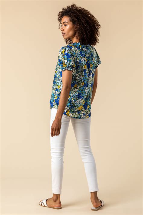 Floral Print Frill Detail Blouse In Blue Roman Originals Uk