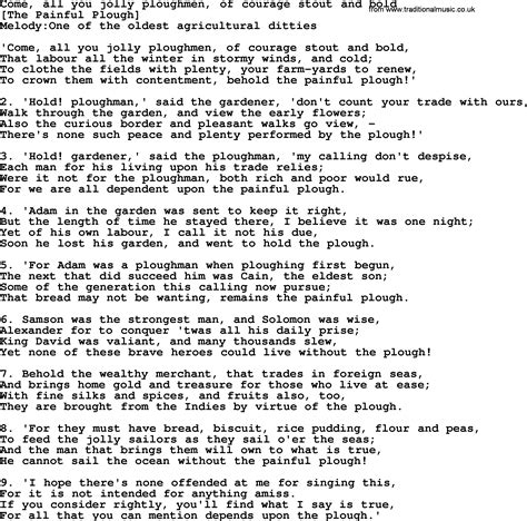 Old English Song Lyrics For Come All You Jolly Ploughmen Of Courage