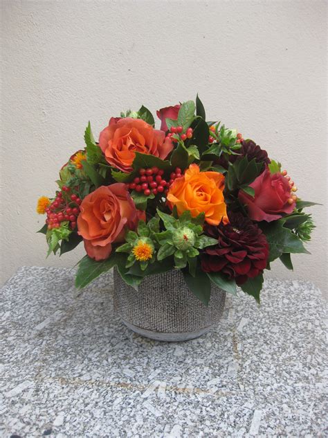 Autumnal Flower Arrangement Of Orange Roses Red Dahlias And Viburnum Berries By Judith