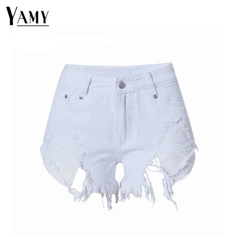 2018 Summer High Waist Shorts Women White Vintage Ripped Deinm Shorts