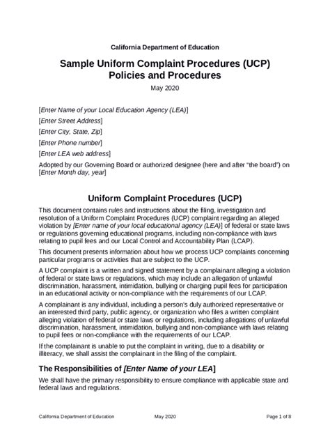 Sample Ucp Pol And Pro Uni Complaint Procedures Ca Doc Template