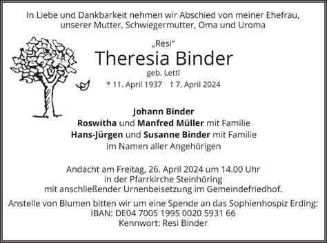 Traueranzeigen Von Theresia Binder Trauer Merkur De