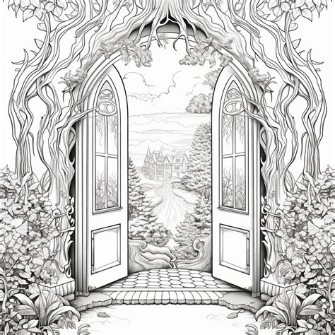 A drawing of a doorway leading to a garden with flowers generative ai
