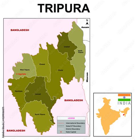 Tripura map. Showing State boundary and district boundary. Political map tripura. Stock Vector ...