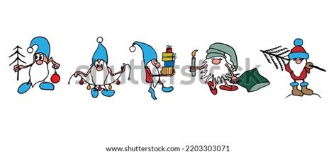 Set Funny Christmas Gnomes Style Doodles Stock Vector Royalty Free