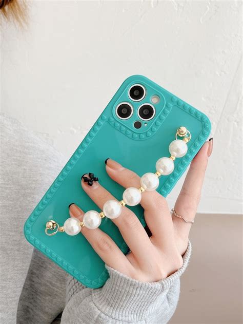 Solid Phone Case With Pearl Hand Strap