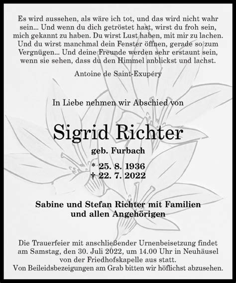 Traueranzeigen Von Sigrid Richter Rz Trauer De