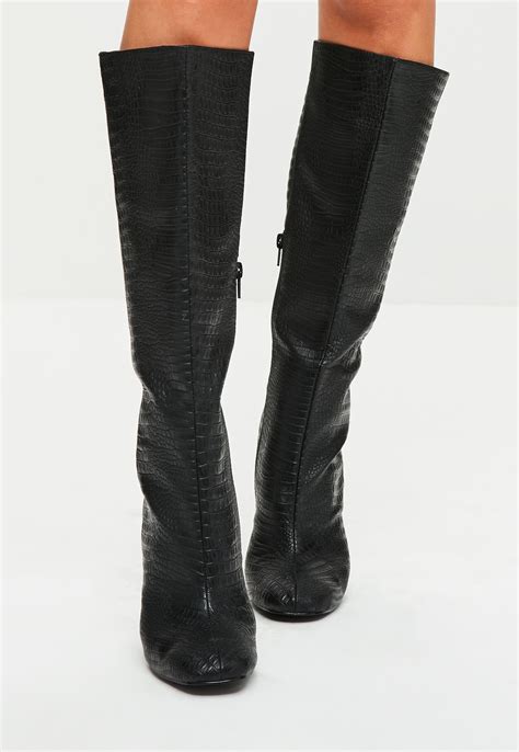 Lyst Missguided Black Snake Print Lace Up Knee High Boots In Black