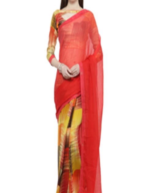 Buy Shaily Red Yellow Pure Georgette Printed Saree Sarees For Women