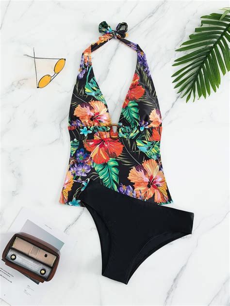 Tropical Print Ring Linked Halter Bikini Swimsuit Shein Usa