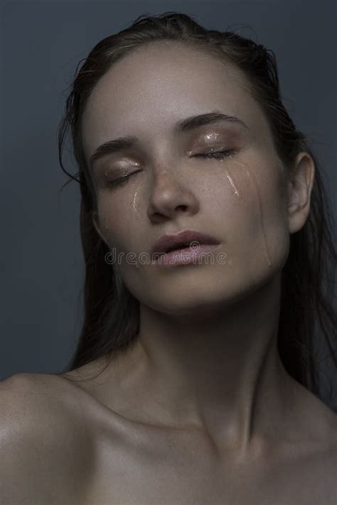 Beautiful Crying Naked Blonde Girl Covers Topless Big Chest Wit Stock Image Image Of Makeup