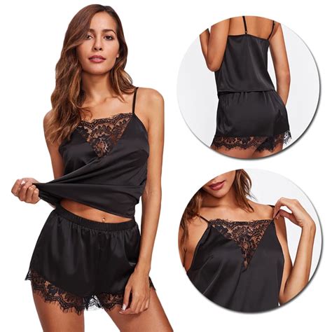 New Women Sleepwear Sleeveless Strap Nightwear Lace Trim Satin Cami Top Pajama Sets Sexy