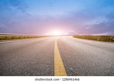 Asphalt Road Ground Mountain Landscape Sunset Stock Photo