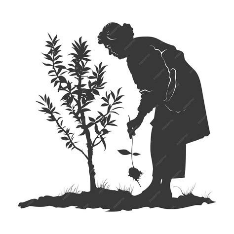 Premium Vector Silhouette Elderly Woman Planting Tree In The Ground