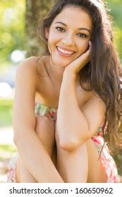Stylish Content Brunette Sitting Under Tree Stock Photo Shutterstock