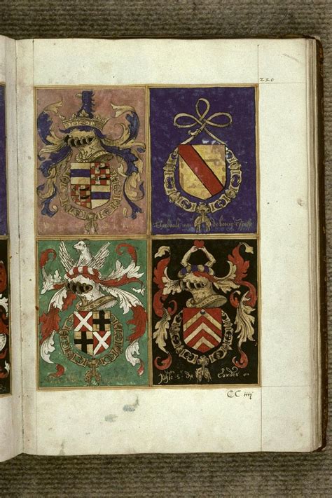 An Open Book With Four Coats Of Arms And Two Crests On The Front Cover