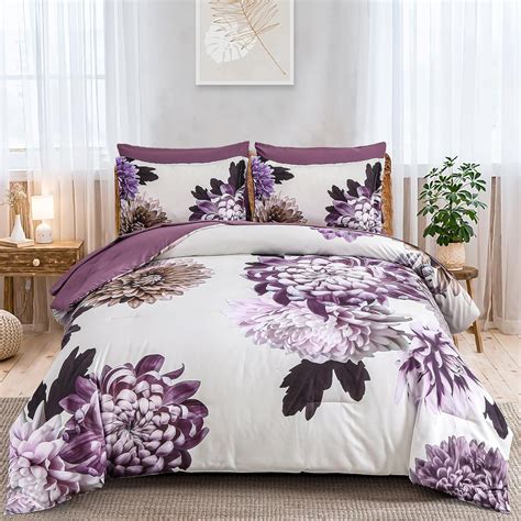 DJY Purple Comforter Set Queen 7 Piece Floral Comforter Set With