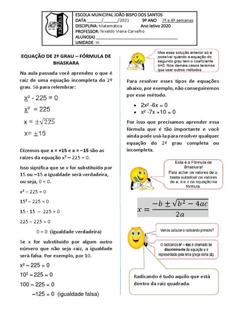 Resolução De Equação Do Segundo Grau 7 E 8 Semanas Pdf Equação