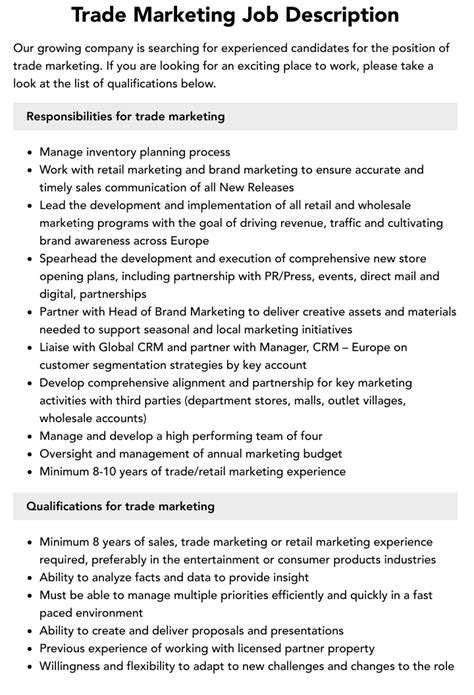 Trade Marketing Job Description Velvet Jobs