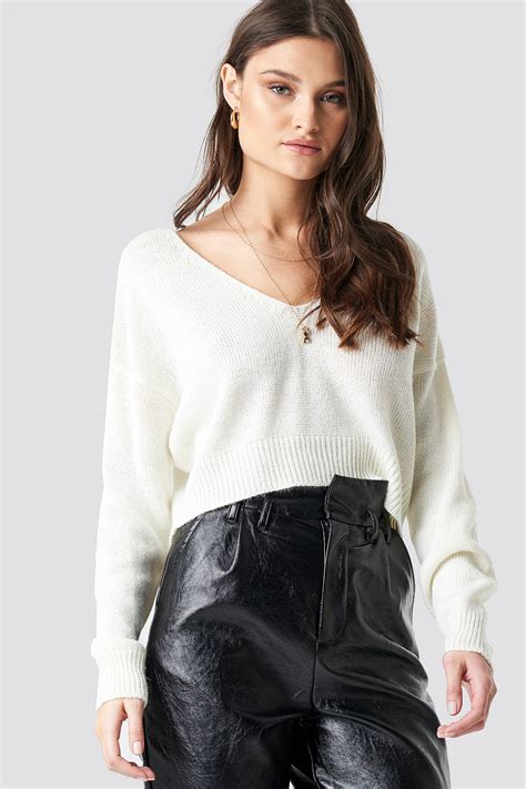 V Neck Cropped Knitted Sweater Offwhite Na