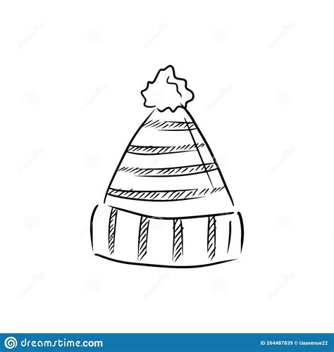 Striped Knitted Hat With Pompon In Black Isolated On White Background Hand Drawn Vector Sketch