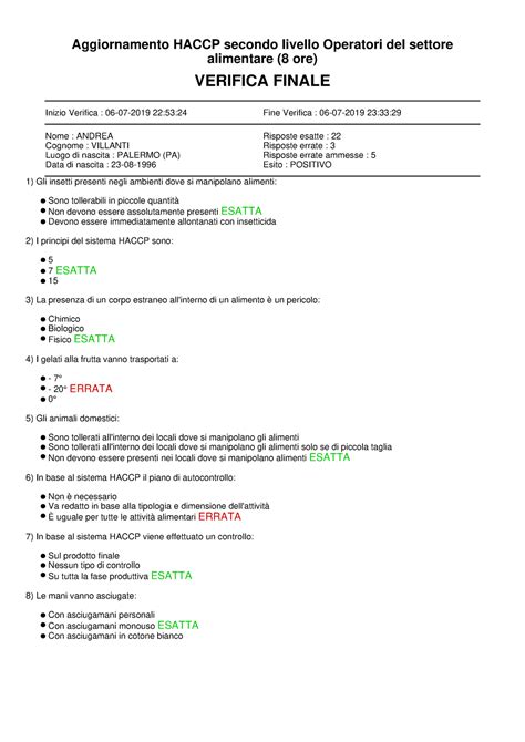 Verifica Finale 23 33 29 Aggiornamento HACCP Secondo Livello