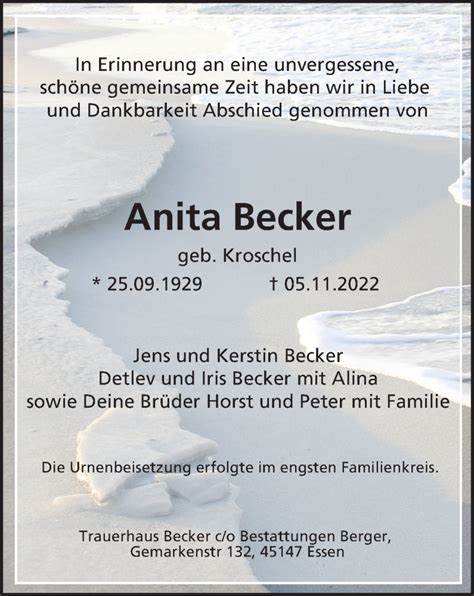 Traueranzeigen Von Anita Becker Trauer In NRW De