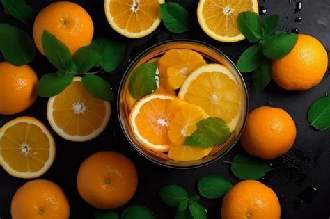 Premium Photo Top View Of Mint Leaves And Orange Slices In Lemonade