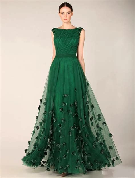 Hot Free Shipping Modest Boat Neck Forest Green Evening Dresses 2017 ...