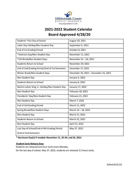 Hillsborough County Public School Calendar 2021-2022