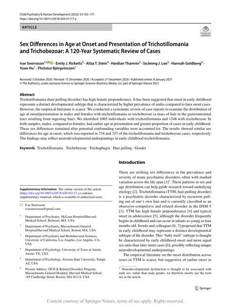 Sex Differences In Age At Onset And Presentation Of Trichotillomania