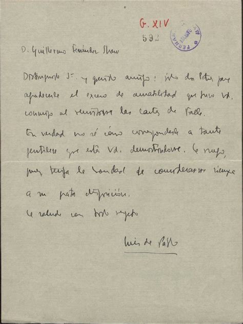 Carta De Luis De Pablo A Guillermo Fern Ndez Shaw Agradeciendo El