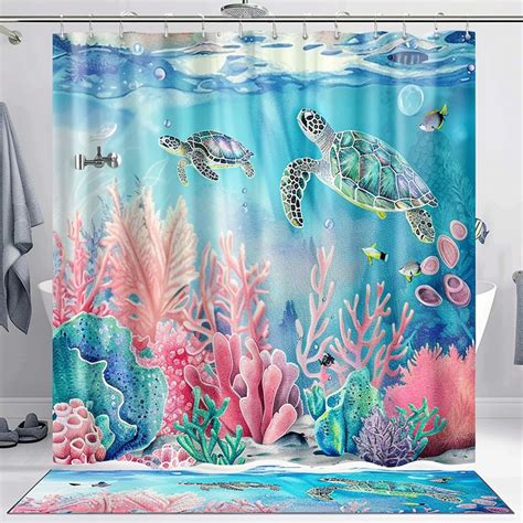 Serene Underwater Coral Reef Turtle Shower Curtain Bohemian Bathroom